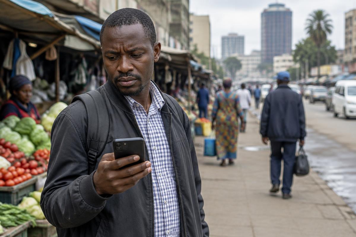 A man checking a message on his phone in town